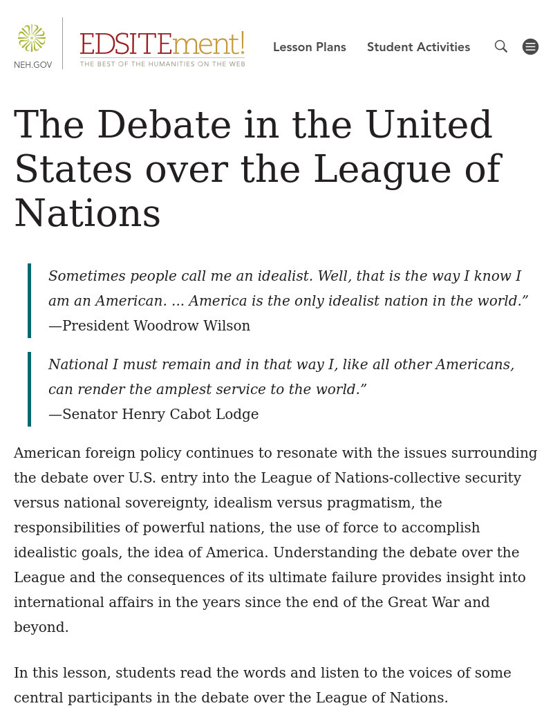 The Debate in the United States over the League of Nations Lesson Plan