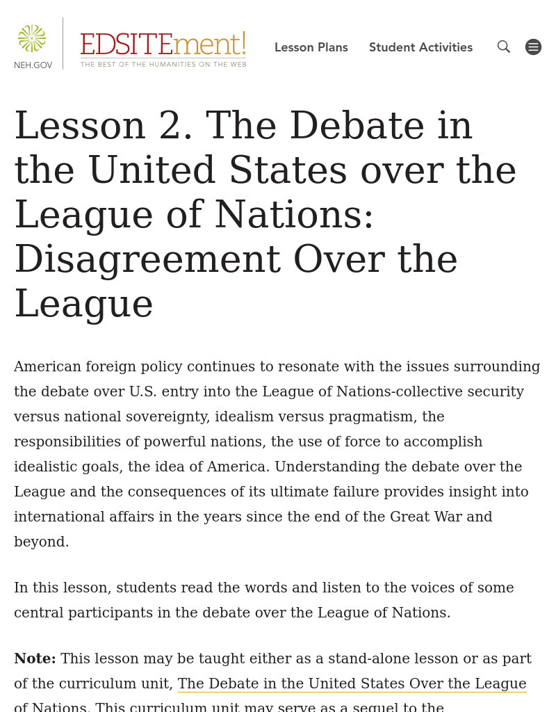The Debate in the United States over the League of Nations: Disagreement Over the League Lesson Plan