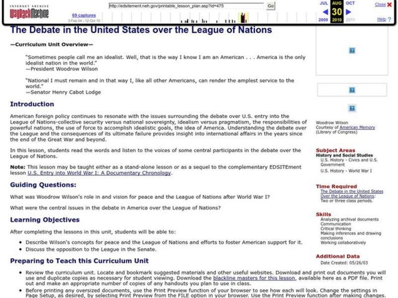 The Debate in the United States over the League of Nations Lesson Plan