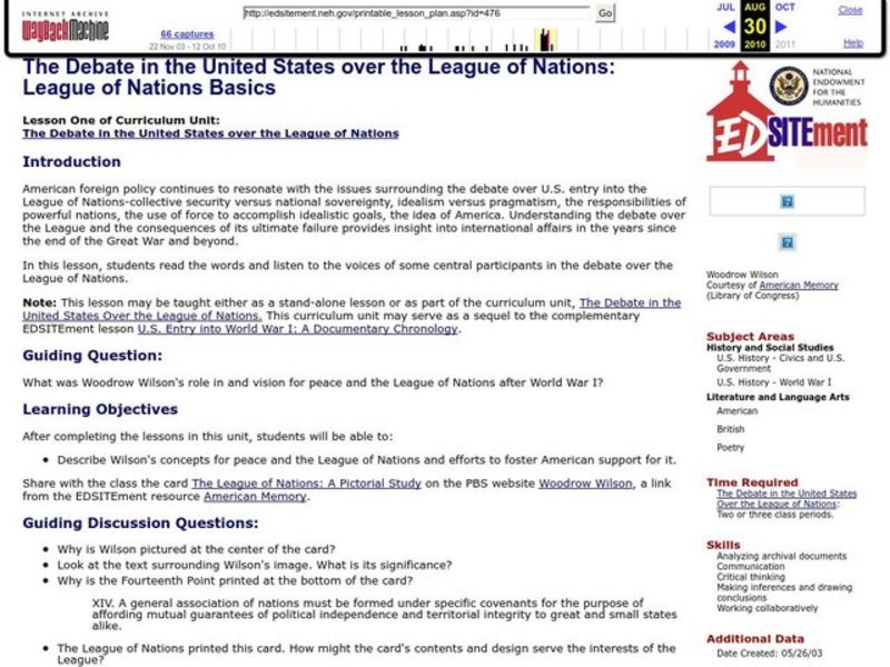 The Debate in the United States over the League of Nations: League of Nations Basics Lesson Plan