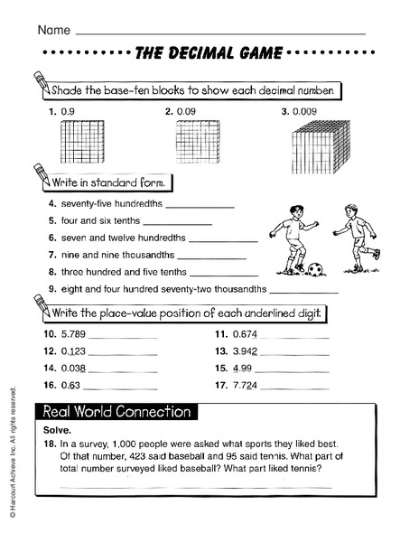 The Decimal Game Worksheet