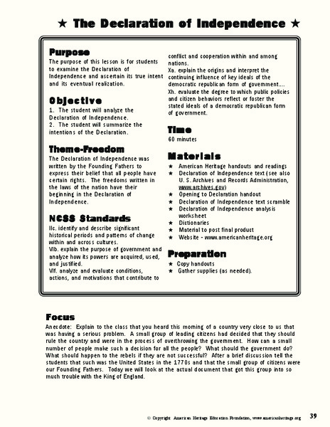 The Declaration of Independence Lesson Plan