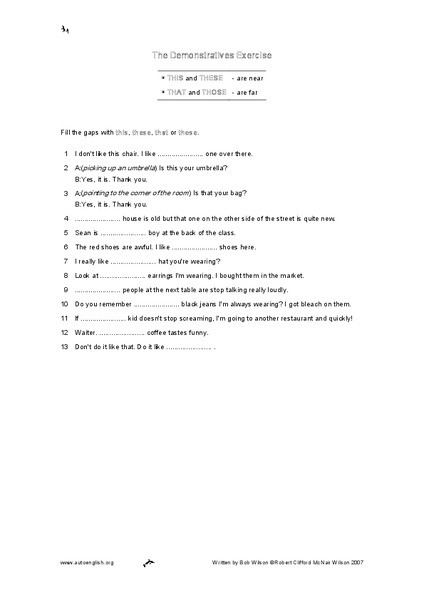 The Demonstratives Exercise Worksheet