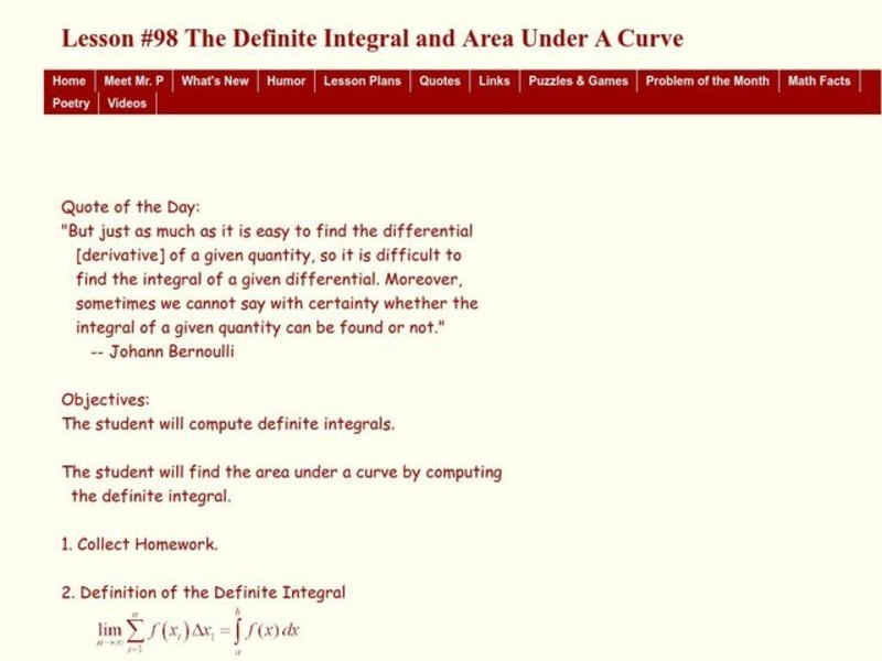 The Definite integral and Area Under a Curve Lesson Plan