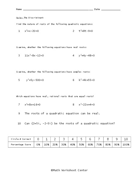 The Discriminant Worksheet