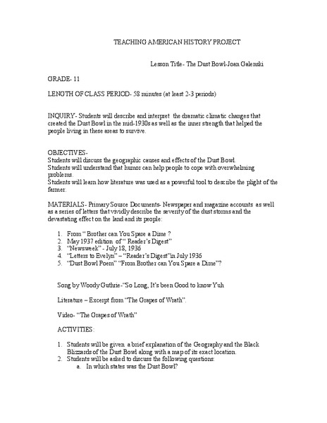 The Dust Bowl Lesson Plan