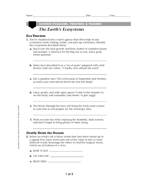The Earth's Ecosystems Worksheet