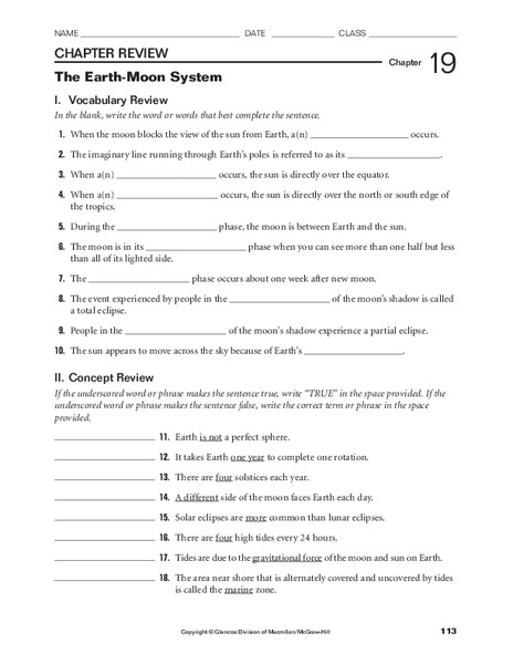 The Earth-Moon System Worksheet
