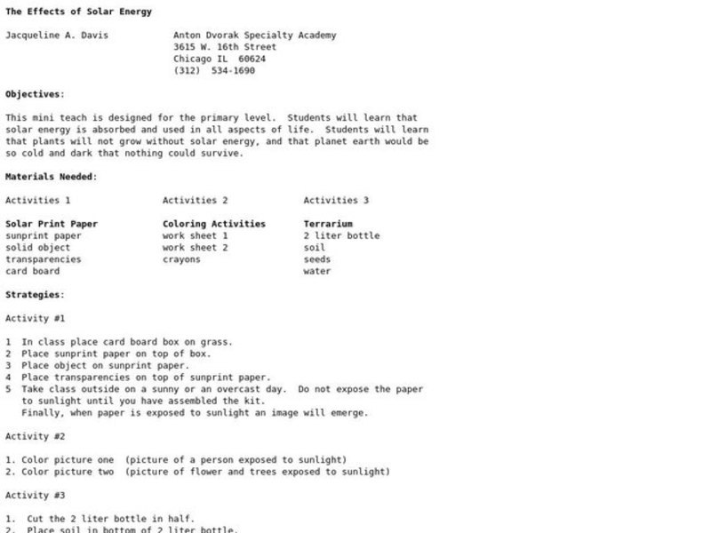 The Effects of Solar Energy Lesson Plan