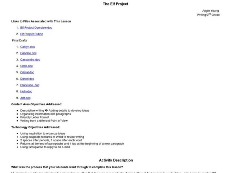 The Elf Project Lesson Plan