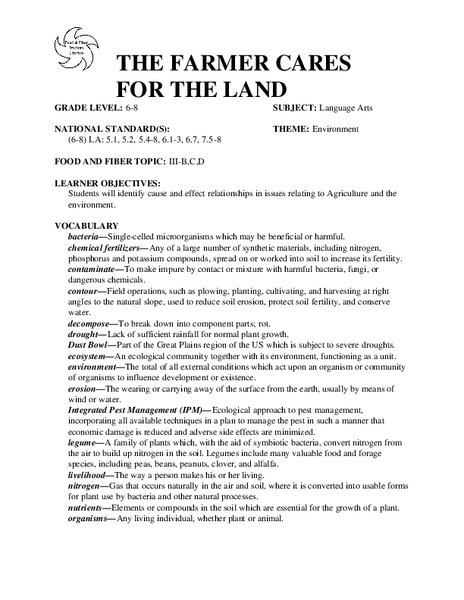 THE FARMER CARES FOR THE LAND Lesson Plan