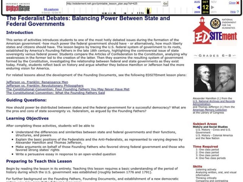 The Federalist Debates: Balancing Power Between State and Federal Governments Lesson Plan
