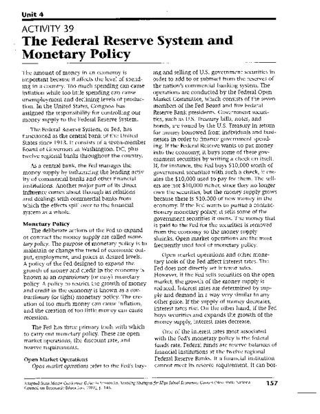 The Federal Reserve System and Monetary Policy Worksheet