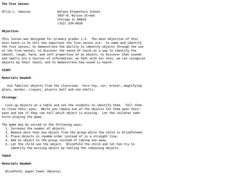 The Five Senses Lesson Plan