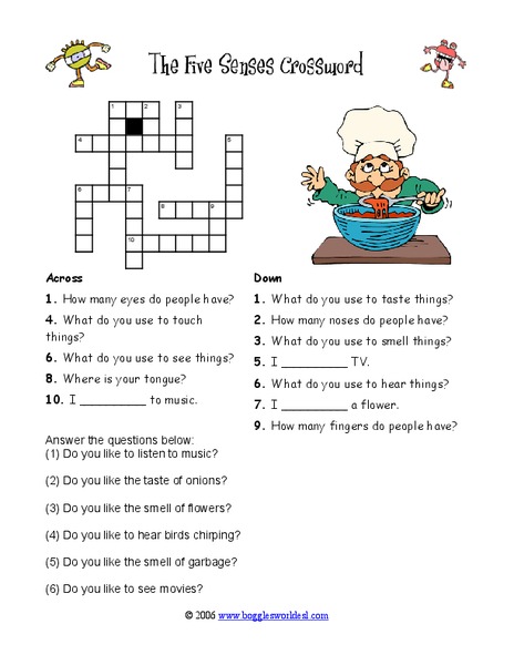 The Five Senses Crossword Worksheet