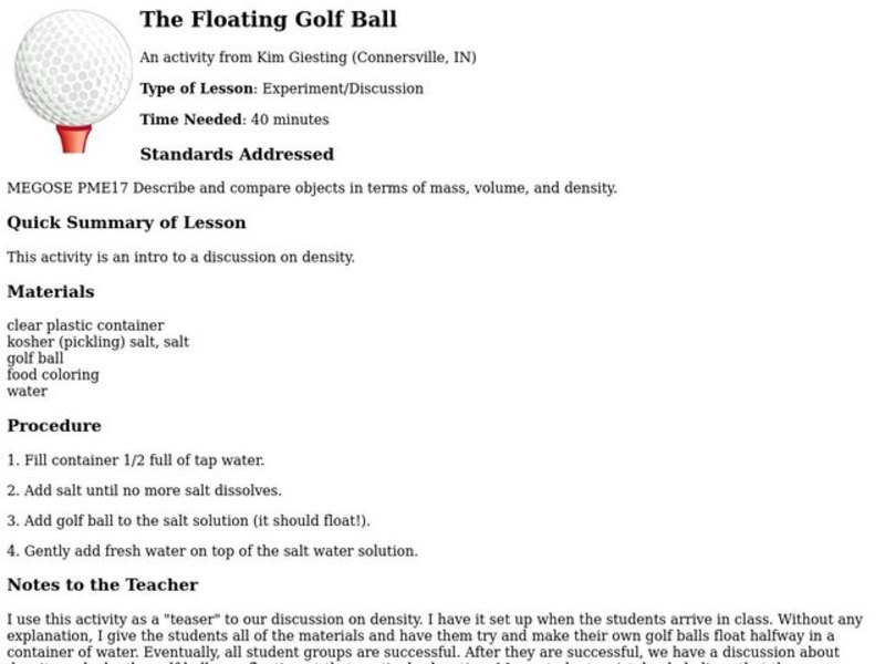 The Floating Golf Ball Lesson Plan