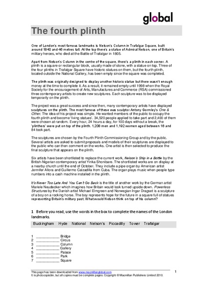 The Fourth Plinth Worksheet