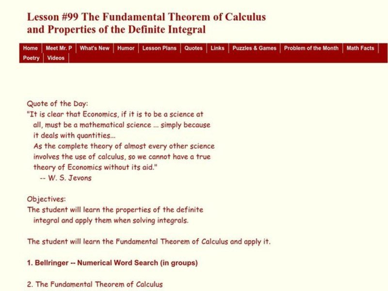 The Fundamental Theorem of Calculus and Properties of the Definite Integral Lesson Plan