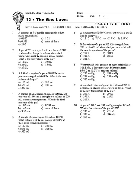 The Gas Laws Worksheet