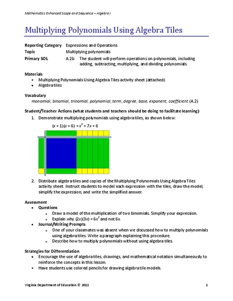 Multiplying Polynomials Using Algebra Tiles Lesson Plan