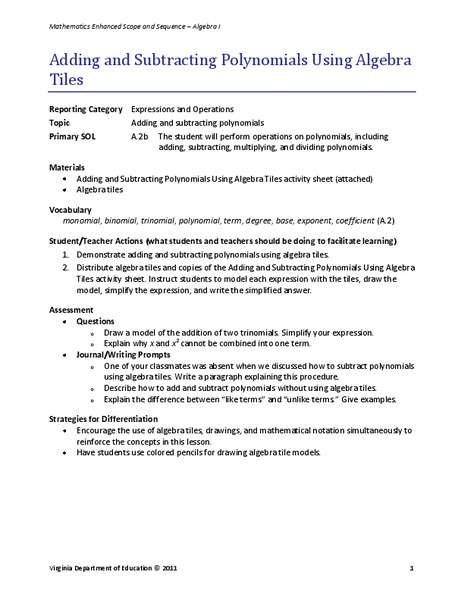 Adding and Subtracting Polynomials Using Algebra Tiles Lesson Plan