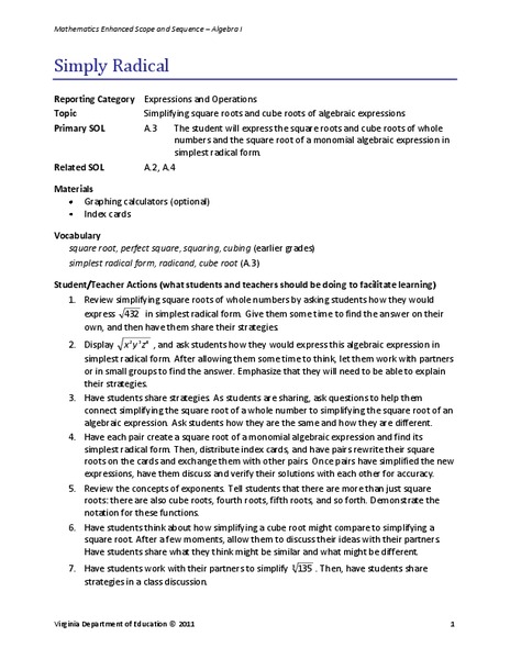 Simply Radical Lesson Plan