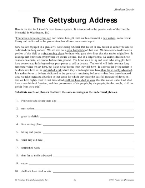 The Gettysburg Address Worksheet