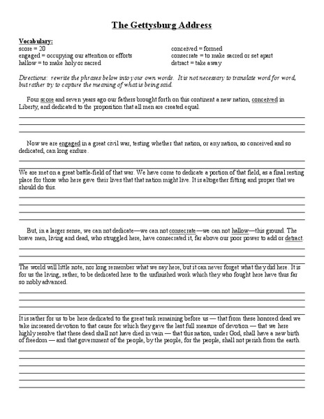 The Gettysburg Address Worksheet
