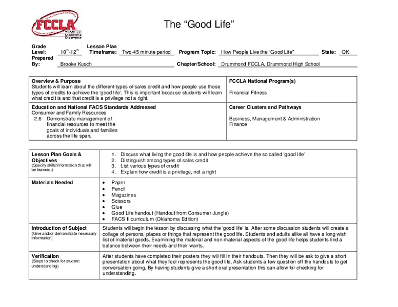 The Good Life Lesson Plan