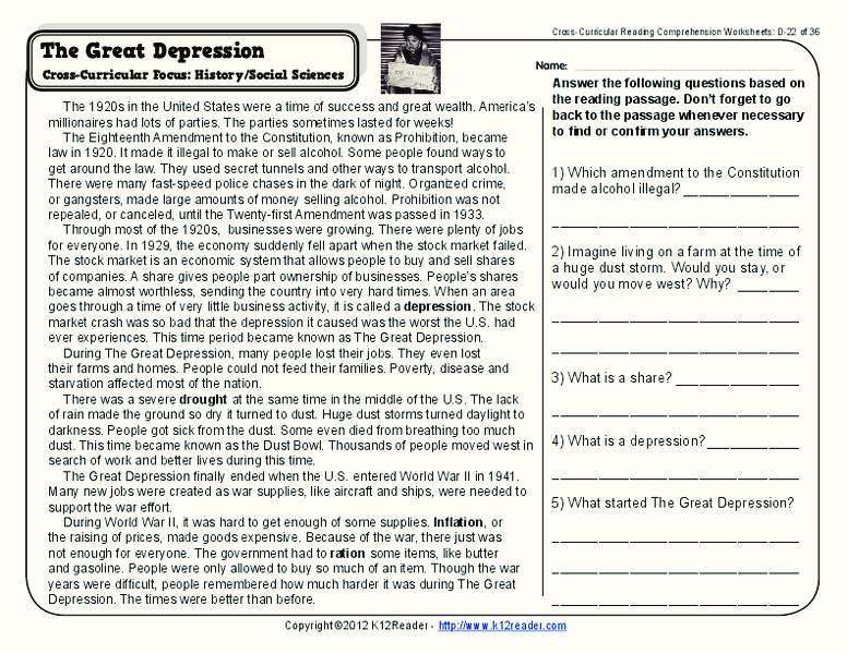 The Great Depression Worksheet