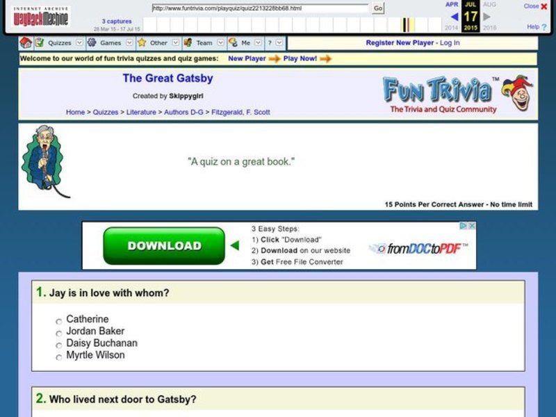 The Great Gatsby: Fun Trivia Quiz Worksheet