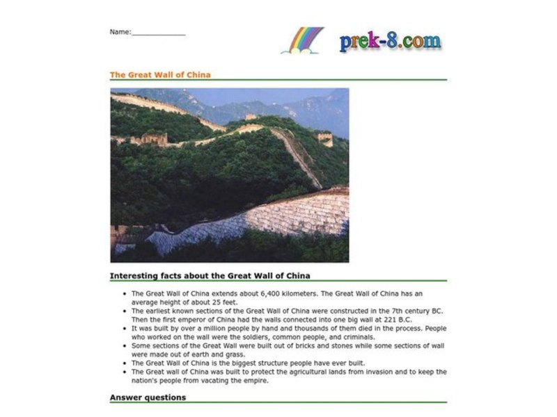 The Great Wall of China Worksheet