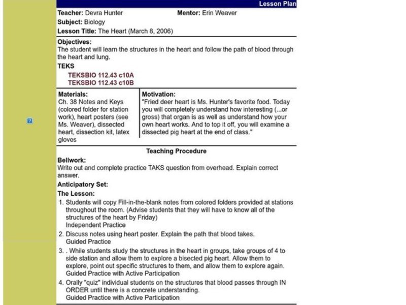 The Heart Lesson Plan