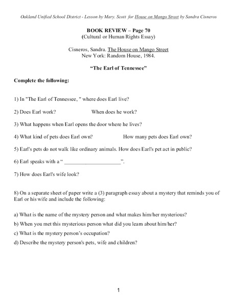 The House on Mango Street: Book Review Worksheet