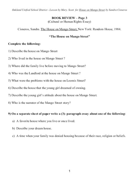 The House on Mango Street: Book Review Worksheet