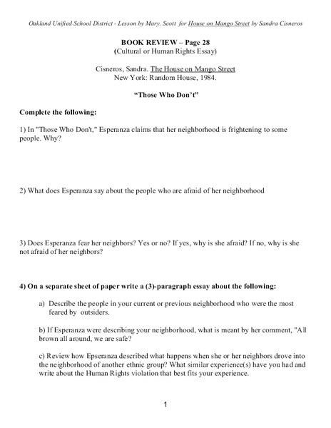 The House on Mango Street: Book Review Worksheet