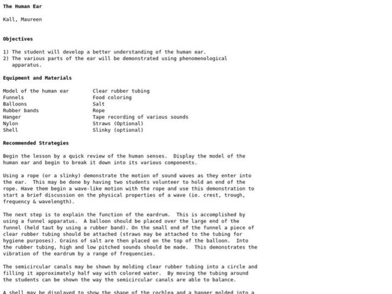 The Human Ear Lesson Plan