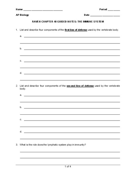 The Immune System Worksheet