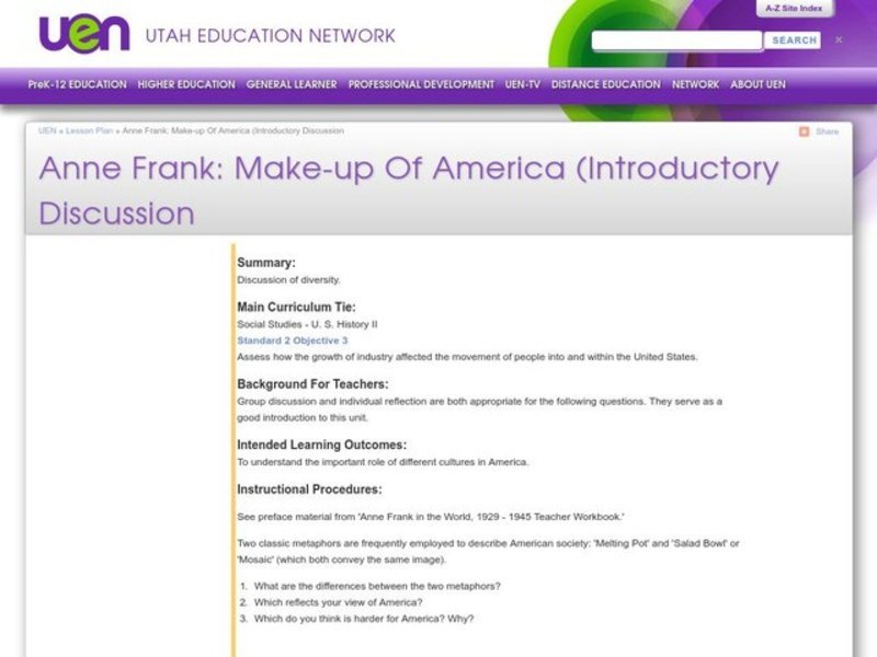Anne Frank: Make-Up of America Lesson Plan