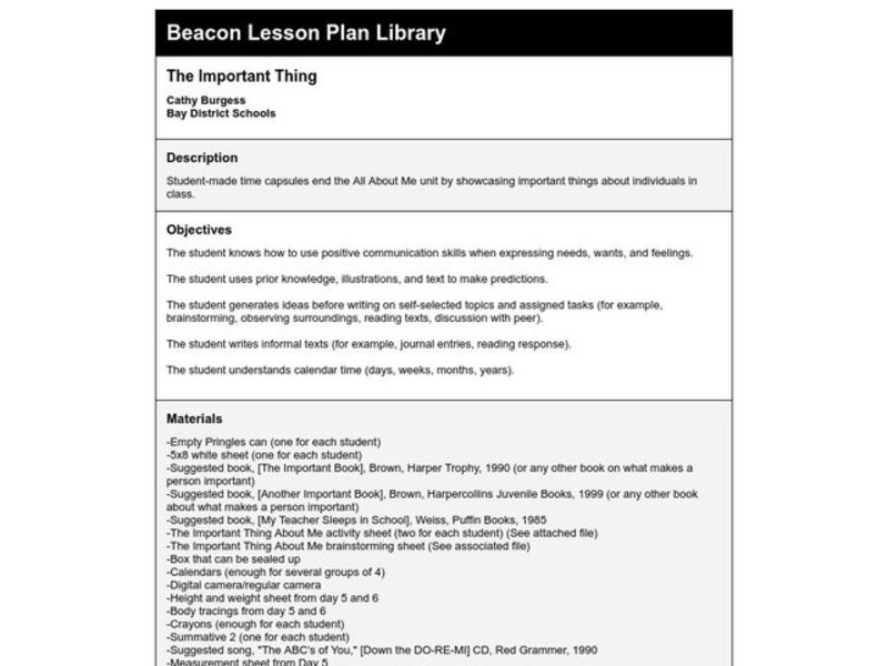 The Important Thing Lesson Plan