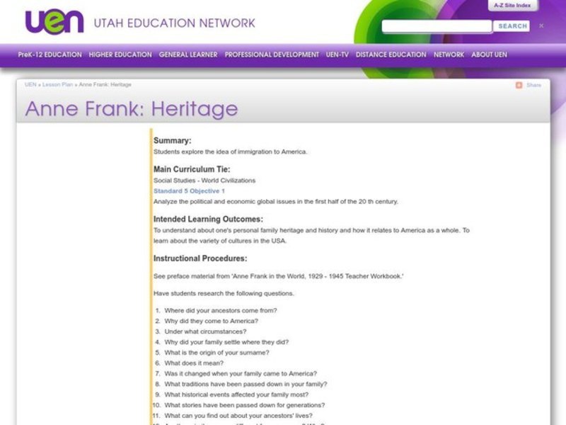 Anne Frank: Heritage Lesson Plan
