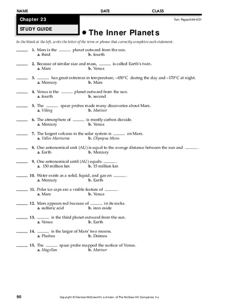 The Inner Planets Worksheet