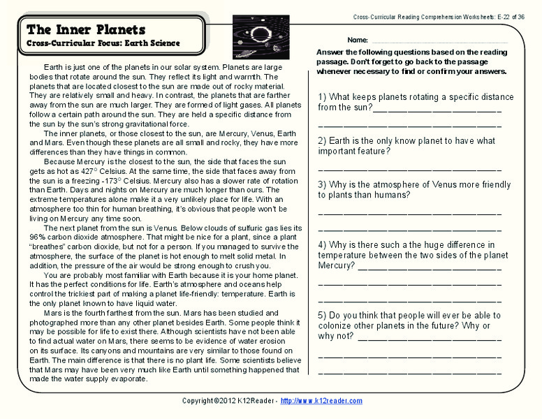 The Inner Planets Worksheet
