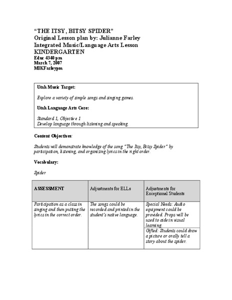 The Itsy Bitsy Spider Lesson Plan