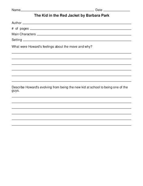 The Kid in the Red Jacket by Barbara Park Worksheet