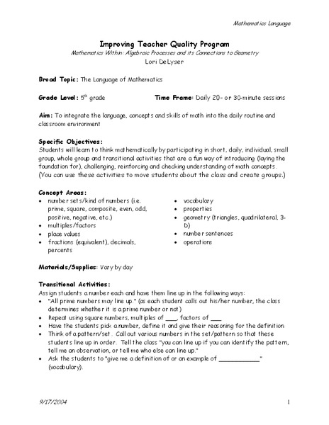 The Language of Mathematics Lesson Plan