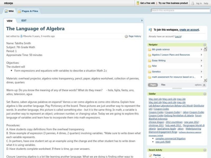 The Language of Algebra Lesson Plan