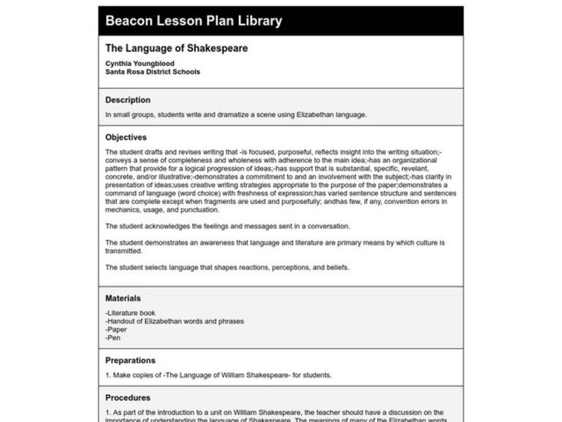 The Language of Shakespeare Lesson Plan