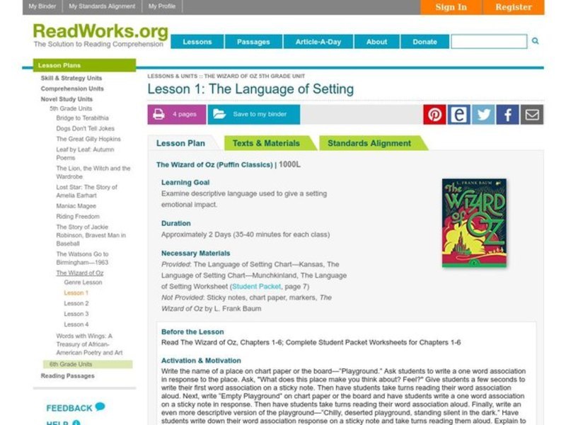 The Language of Setting Lesson Plan