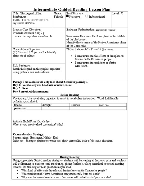 The Legend of the Blue Bonnet Lesson Plan